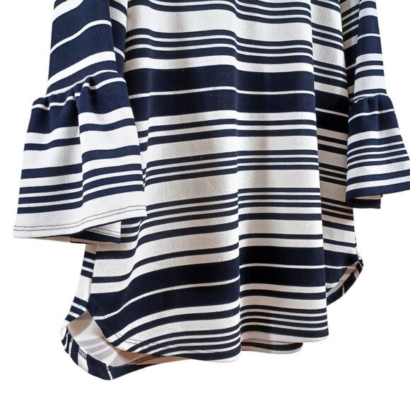 Green Envelope 1X Nautical White Blue Striped Blouse 3/4 Bell Sleeve Coastal Top - Picture 5 of 8